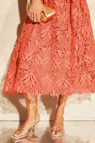 Lipsy Pink All Over Premium Lace Bandeau Skater Prom Dress