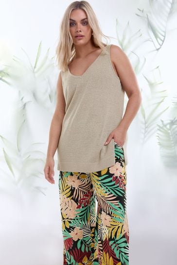 Yours Curve Black Tropical Print Wide Leg Trousers