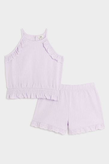 River Island Pink Girls Broderie Halter Top and Shorts Set