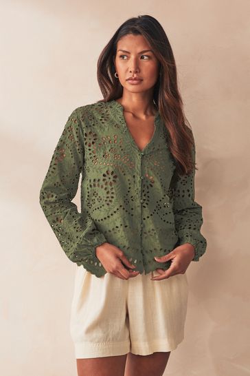 ONLY Green Broderie Long Sleeve Button Up Blouse