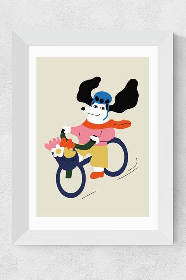 East End Prints White Cycling Dog Bicycle White Framed Art Print