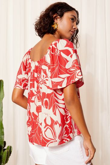 Red floral bardot top shop