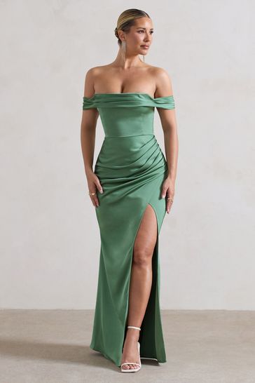 Club L Green Katia Satin Bardot Fishtail Maxi Dress