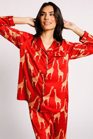 Chelsea Peers Red Satin Giraffe Print Long Pyjama Set