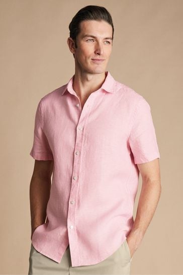 Charles Tyrwhitt Blush Pink Slim Fit Plain Short Sleeve Pure Linen Shirt