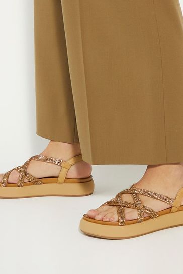 Dune London Brown Ledge Strappy Embellished Flatform Sandals