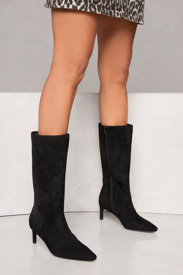 Lipsy Black Kitten Heel Faux Suede Long Calf Boots