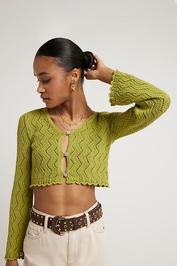 River Island Green Crochet Button Up Cardigan
