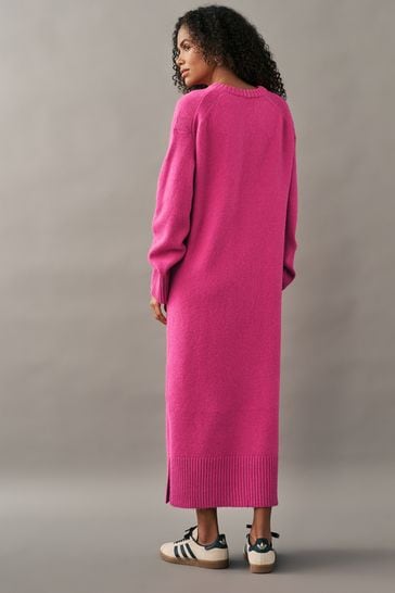 Buy Bright Pink Relaxed Soft Touch Crew Neck Midi Knitted Jumper Dress from Next Bahrain