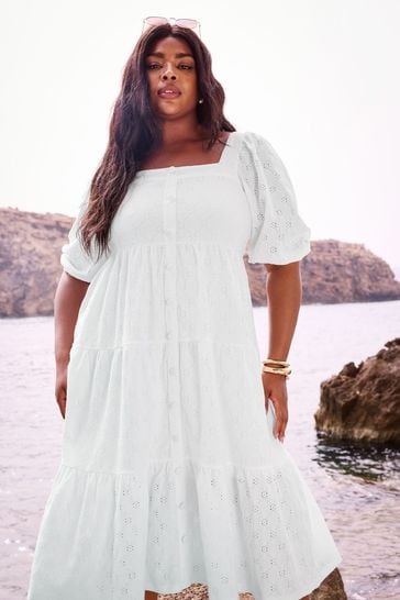Yours Curve White Anglaise Button Front Maxi Dress