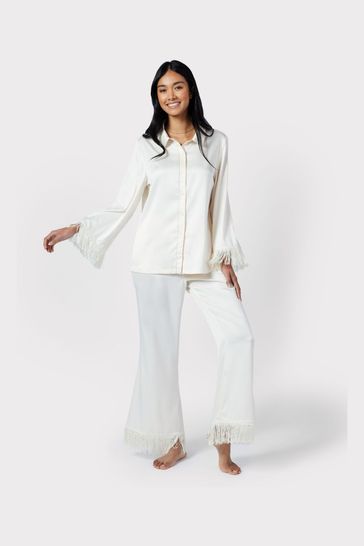 Chelsea Peers Cream Satin Fringe-Trim Long Pyjama Set