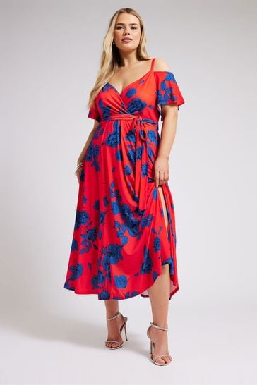 Yours Curve Red & Blue YOURS LONDON  Floral Bardot Maxi Dress