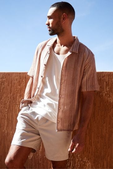 Threadbare Orange Cotton Open Weave Stripe Short Sleeve Shirt