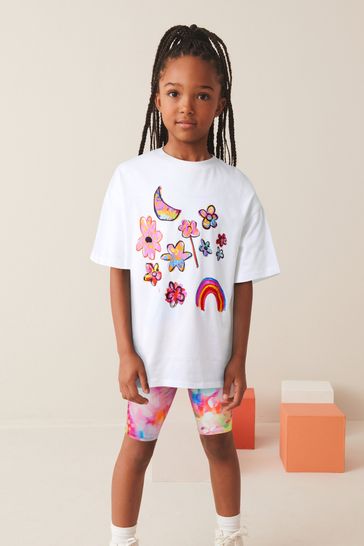 Buy Pink White Oversized 100 Cotton T Shirt and Cycle Shorts Set 3 16yrs from Next Cyprus