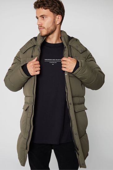 Threadbare Khaki Showerproof Longline Hooded Puffer Jacket