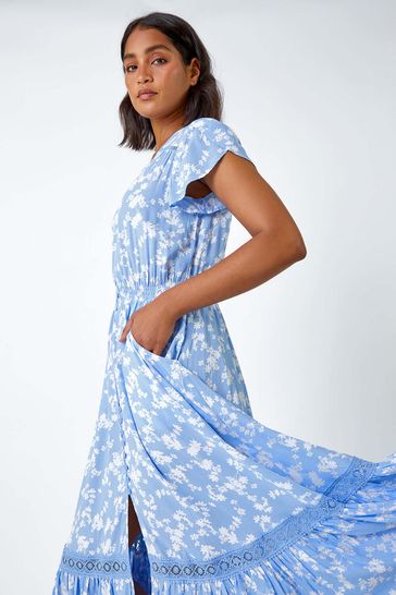 Buy Roman Floral Lace Detail Midi Dress from the Laura Ashley online shop