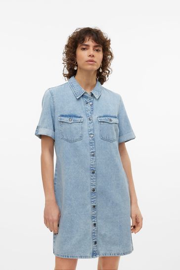 VERO MODA Blue Utility Denim Short Sleeve Shirt Dress