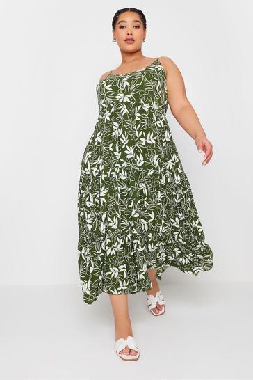 Yours Curve Green Leaf Print Crinkle Tiered Maxi Dress