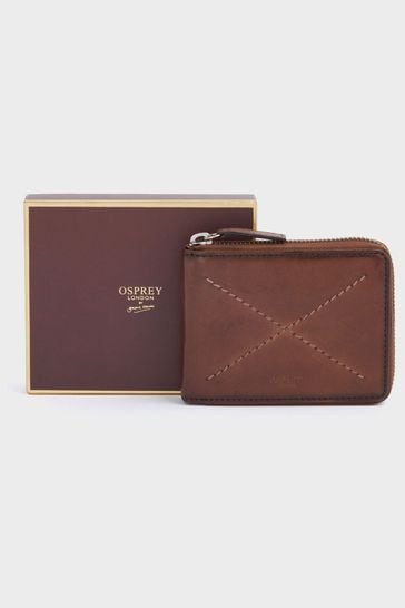 OSPREY LONDON The X Stitch Leather RFID Zip-Round Coin ID Brown Wallet