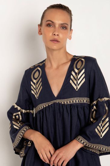 Greek Archaic Kori Blue Embroidered 100 Linen Bell Sleeve Mini Slit Dress