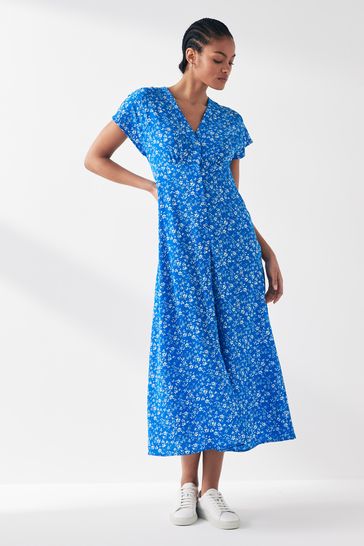 ONLY Blue Printed Short Sleeve Button Up Midi Shirt Dress