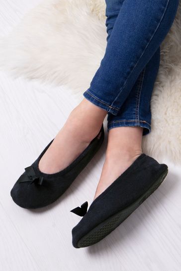 Totes Black Isotoner Terry Ballet Slippers With Bow