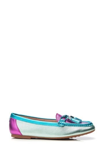 Moda in Pelle Blue/Pink Famina Square Toe Bow Tassel Trim Lined Loafers