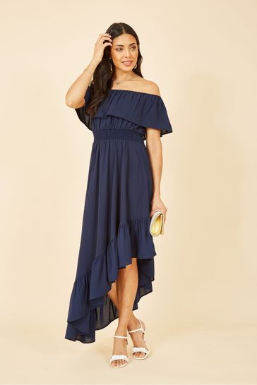 Mela Blue Bardot Maxi Dress With Asymmetric Hem