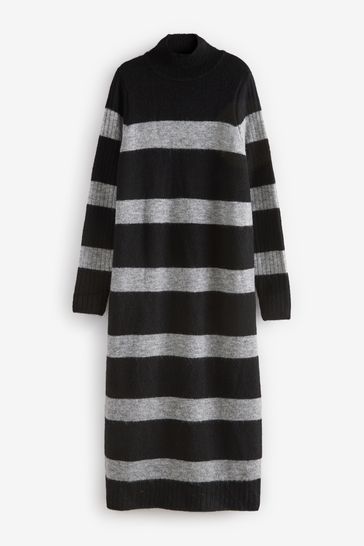 Black Grey Stripe High Neck Long Sleeve Maxi Knitted Jumper Dress