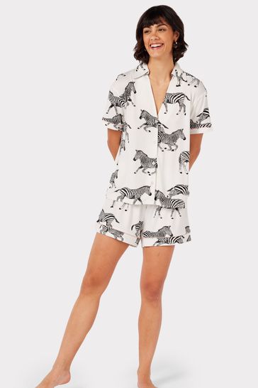 Chelsea Peers White Zebra Print V-neck Button Up Short Pyjama Set