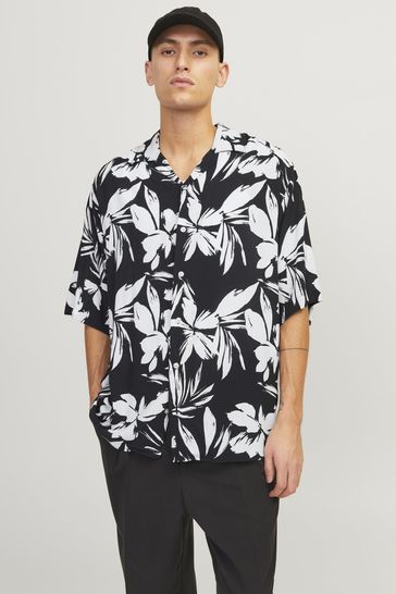 JACK & JONES Black Printed Resort Collar Summer Shirt
