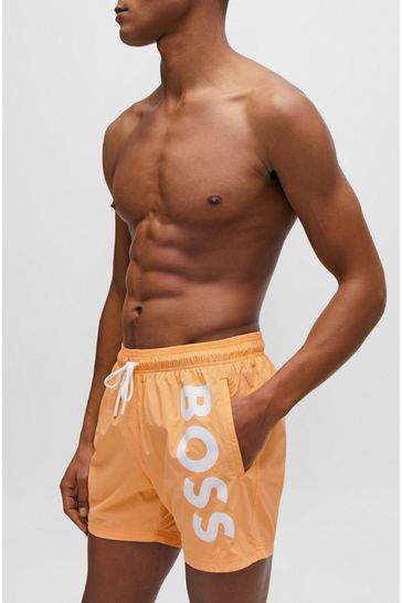 BOSS Orange Vertical-Logo-Print Swim Shorts In Quick-Dry Poplin