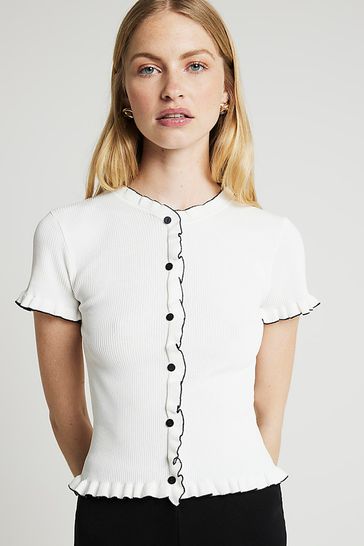 River Island Cream Frill Button Front Knitted T-Shirt