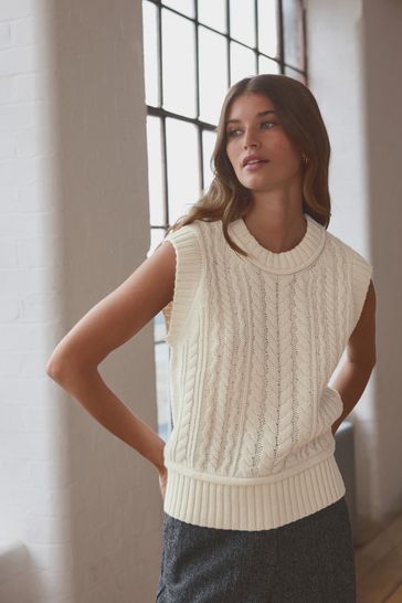 Buy White Ecru 100 Lambswool Premium Sleeveless Cable Knitted Jumper Tank Vest Top from Next Poland