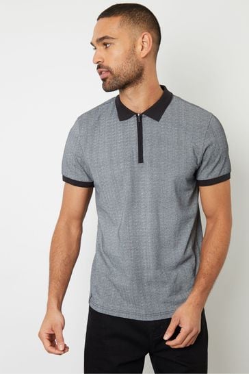 Threadbare Black Rib Collar Printed Zip Neck Cotton Polo Shirt