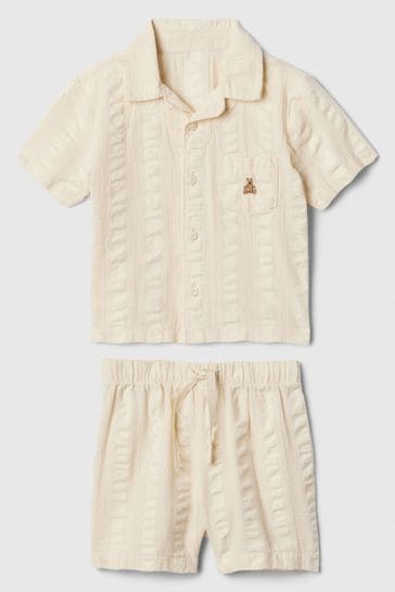 Gap Cream Crinkle Cotton Brannan Bear Shirt and Shorts Set  (Newborn-24mths)