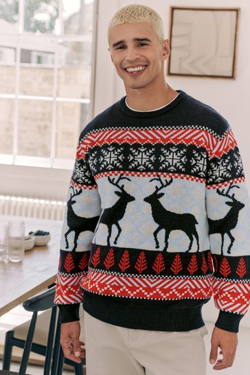 Buy Navy Blue Red Matching Family Mens Christmas Fair Isle Pattern Reindeer Jumper from Next Kuwait