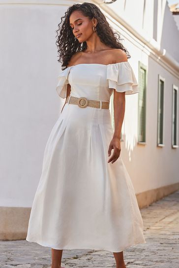 Sosandar Cream Linen Blend Midi Skirt