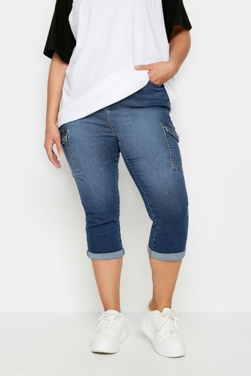 Yours Curve Mid Blue Denim Cropped Cargo Jeans