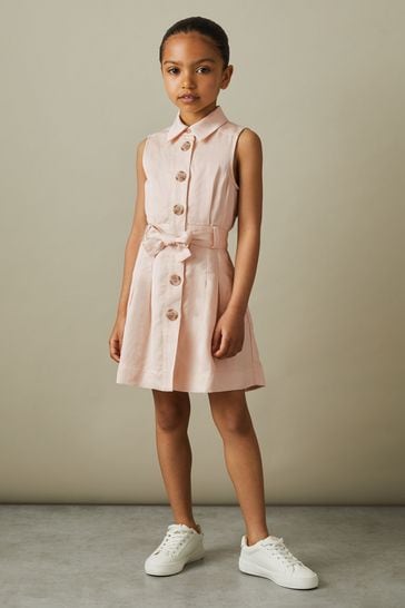 Reiss Pink Milena Junior Viscose-Linen Belted Collared Dress