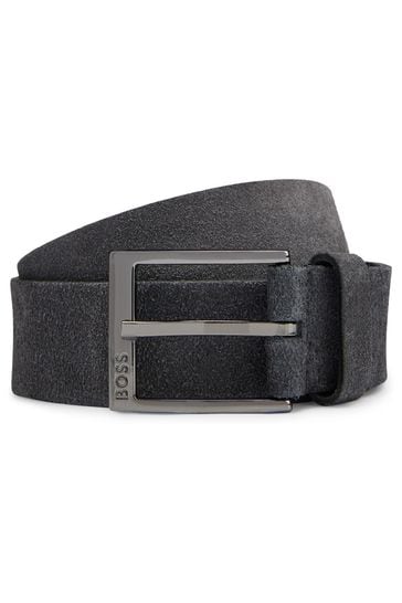 BOSS Blue Italian-Suede Belt With Engraved Logo Buckle