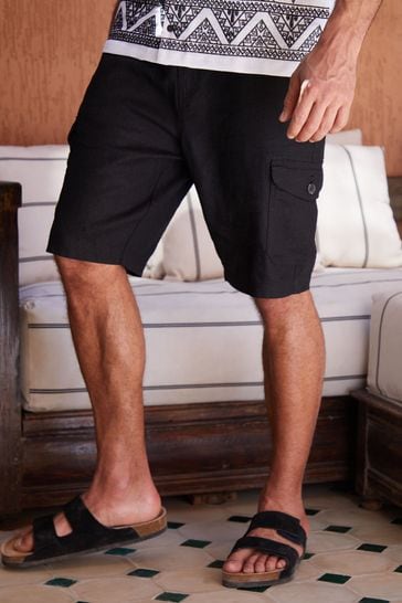 Threadbare Black Linen Blend Cargo Shorts