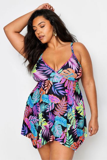 Buy Yours Curve Black Tropical Print Tummy Control Swimdress from Next Sweden