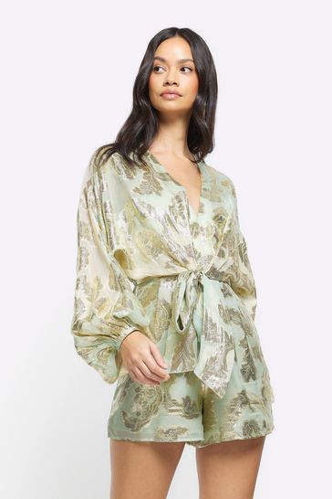 River Island Green Light Tie Ombre Metallic Playsuit