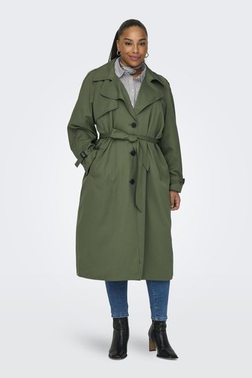 ONLY Curve Green Tie Waist Trench Coat