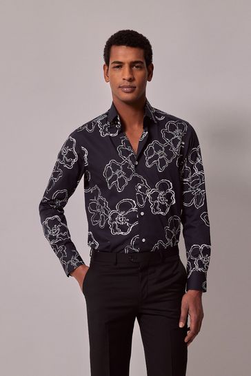 Hawes & Curtis Floral Slim Diamond Weave Mid Collar Black Shirt