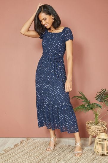 Mela Blue Foil Print Bardot Midi Dress