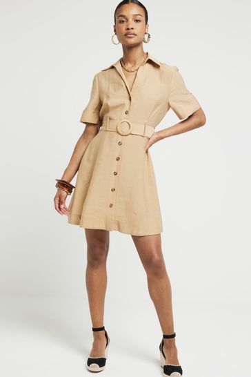 River Island Beige Light Short Sleeve Belted Mini Shirt Dress