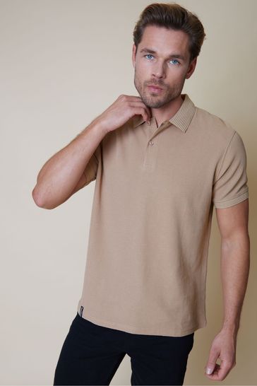 Threadbare Stone Cotton Polo Shirt With Herringbone Detail Collar