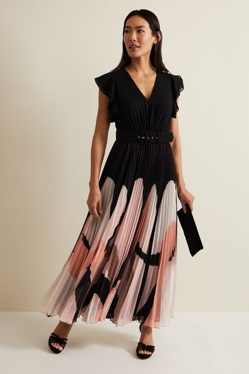 Phase Eight Isla Printed Skirt Ruffle Top Black Maxi Dress
